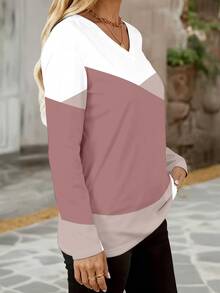 EMERY ROSE Women's V-Neck Long Sleeve T-Shirt,Color Block Patchwork Printed Blouse,Dusty Pink Autumn Casual Occasion,Classic Design,Elegant Minimalist Style - Multicolor - View 4