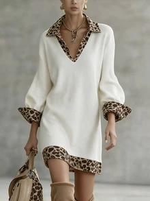 SHEIN Women's Printed Patchwork 2 In 1 Knit Dress - White - View 3