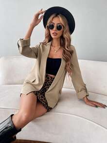 SHEIN x Carly Lawrence Flap Detail Roll Tab Sleeve Blazer Fall Cloth For Women - Khaki - View 8
