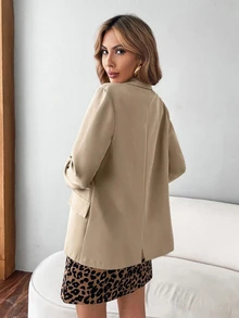 SHEIN x Carly Lawrence Flap Detail Roll Tab Sleeve Blazer Fall Cloth For Women - Khaki - View 3