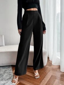 EMERY ROSE High Waist Fold Pleated Trousers - Black - View 8