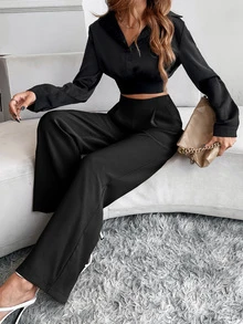 EMERY ROSE High Waist Fold Pleated Trousers - Black - View 4