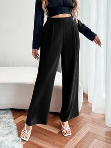 EMERY ROSE High Waist Fold Pleated Trousers - Black - View 7