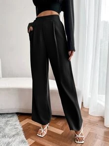 EMERY ROSE High Waist Fold Pleated Trousers - Black - View 6