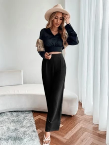 EMERY ROSE High Waist Fold Pleated Trousers - Black - View 5