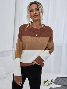 SHEIN White Brown Color Block Drop Shoulder Sweater,Ladies Fall Winter Casual Everyday Long Sleeve Regular Fit Pullovers Women Sweaters Knit Pullover Tops - Multicolor - View 8