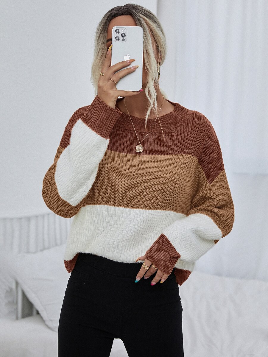 SHEIN White Brown Color Block Drop Shoulder Sweater,Ladies Fall Winter Casual Everyday Long Sleeve Regular Fit Pullovers Women Sweaters Knit Pullover Tops