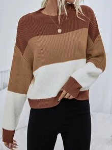 SHEIN White Brown Color Block Drop Shoulder Sweater,Ladies Fall Winter Casual Everyday Long Sleeve Regular Fit Pullovers Women Sweaters Knit Pullover Tops - Multicolor - View 5