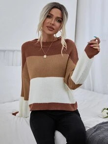 SHEIN White Brown Color Block Drop Shoulder Sweater,Ladies Fall Winter Casual Everyday Long Sleeve Regular Fit Pullovers Women Sweaters Knit Pullover Tops - Multicolor - View 9