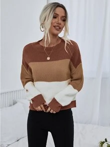 SHEIN White Brown Color Block Drop Shoulder Sweater,Ladies Fall Winter Casual Everyday Long Sleeve Regular Fit Pullovers Women Sweaters Knit Pullover Tops - Multicolor - View 6