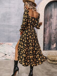 EMERY ROSE Floral Print Square Neck Flounce Sleeve Split Thigh Dress Maxi Women Outfit Fall Cloth For Women - Black - View 2