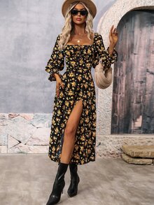 EMERY ROSE Floral Print Square Neck Flounce Sleeve Split Thigh Dress Maxi Women Outfit Fall Cloth For Women - Black - View 8