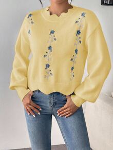 EMERY ROSE Loose Fit Floral Embroidered Sweater With Lace Collar, Autumn/Winter - Yellow - View 4