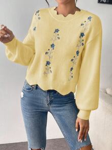 EMERY ROSE Loose Fit Floral Embroidered Sweater With Lace Collar, Autumn/Winter - Yellow - View 1