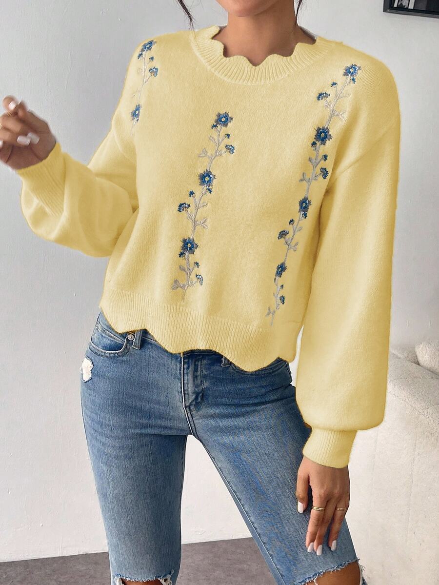 EMERY ROSE Loose Fit Floral Embroidered Sweater With Lace Collar, Autumn/Winter - Yellow - View 1