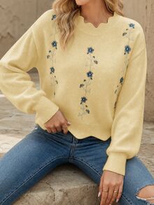 EMERY ROSE Loose Fit Floral Embroidered Sweater With Lace Collar, Autumn/Winter - Yellow - View 3