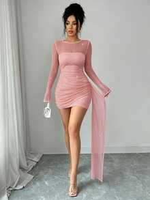 SHEIN Raffinéa Women's Shiny Sheer Apricot Dress, Long Sleeve Sheer Bandeau Vertical Ruched Bodycon Mini Dress, Suitable For Single Party, Holiday Party, Evening Banquet, Wedding Performance And Other Occasions Women's Outfit - Pink - View 5