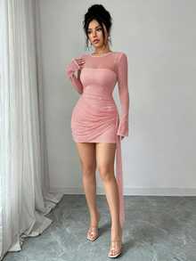SHEIN Raffinéa Women's Shiny Sheer Apricot Dress, Long Sleeve Sheer Bandeau Vertical Ruched Bodycon Mini Dress, Suitable For Single Party, Holiday Party, Evening Banquet, Wedding Performance And Other Occasions Women's Outfit - Pink - View 6
