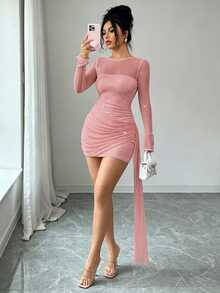 SHEIN Raffinéa Women's Shiny Sheer Apricot Dress, Long Sleeve Sheer Bandeau Vertical Ruched Bodycon Mini Dress, Suitable For Single Party, Holiday Party, Evening Banquet, Wedding Performance And Other Occasions Women's Outfit - Pink - View 3