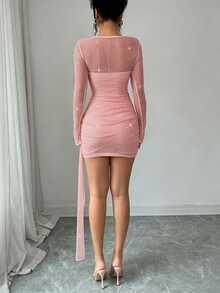 SHEIN Raffinéa Women's Shiny Sheer Apricot Dress, Long Sleeve Sheer Bandeau Vertical Ruched Bodycon Mini Dress, Suitable For Single Party, Holiday Party, Evening Banquet, Wedding Performance And Other Occasions Women's Outfit - Pink - View 2
