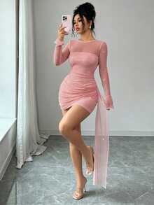 SHEIN Raffinéa Women's Shiny Sheer Apricot Dress, Long Sleeve Sheer Bandeau Vertical Ruched Bodycon Mini Dress, Suitable For Single Party, Holiday Party, Evening Banquet, Wedding Performance And Other Occasions Women's Outfit - Pink - View 4