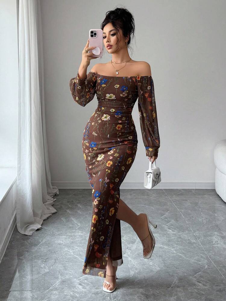 SHEIN Gaun Wanita Elegan dengan Kerah Satu Kata, Motif Ranting Bunga, Jala, Pinggang Elastis, Detail Kerut, Bodycon, dan Belahan Samping, Lengan Panjang Model Lentera. - Coffee Brown - View 6