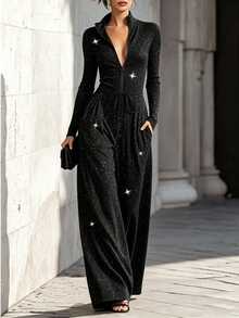 SHEIN Fall Winter Jumpsuit Festival Outfits Party Going Out Outfits For Night Out Graduation Disco Work Outfits For Chic Evening Luxury Women's Jumpsuit - Black - View 4
