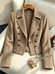 SHEIN Women's Autumn/Winter Cardigan, Dual-Tone Plaid Long Sleeve Front-Opening Short Double-Breasted Jacket - Coffee Brown - View 9