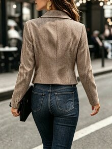SHEIN Women's Autumn/Winter Cardigan, Dual-Tone Plaid Long Sleeve Front-Opening Short Double-Breasted Jacket - Coffee Brown - View 3