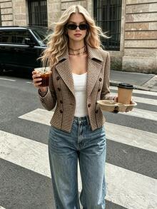 SHEIN Women's Autumn/Winter Cardigan, Dual-Tone Plaid Long Sleeve Front-Opening Short Double-Breasted Jacket - Coffee Brown - View 7