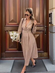 Serisse Women's Casual French Elegant European Commute Blue And White Stripe Long Dress Tea Party Office Business Brunch Fall Outfit - Brown - View 5