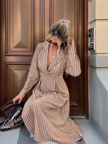 Serisse Women's Casual French Elegant European Commute Blue And White Stripe Long Dress Tea Party Office Business Brunch Fall Outfit - Brown - View 6