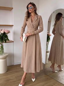 Serisse Women's Casual French Elegant European Commute Blue And White Stripe Long Dress Tea Party Office Business Brunch Fall Outfit - Brown - View 1
