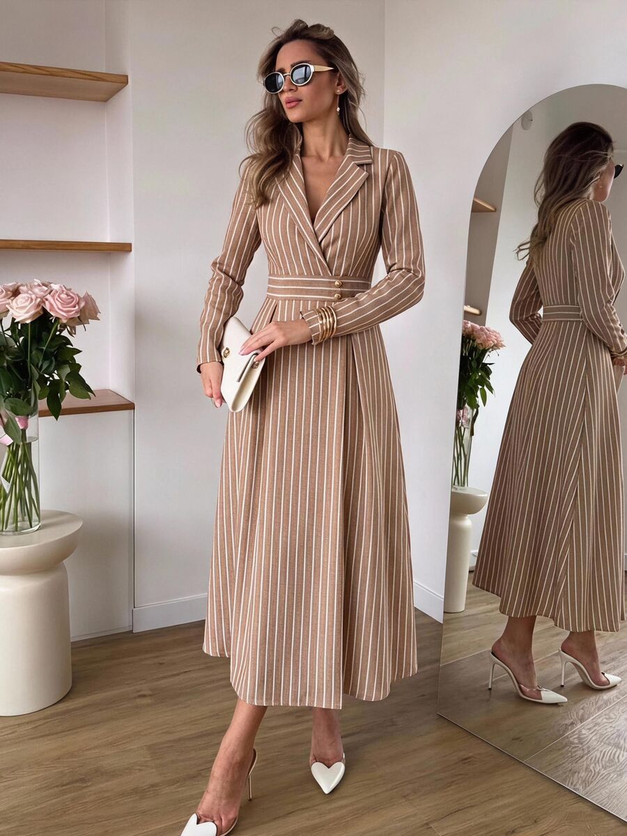 Serisse Women's Casual French Elegant European Commute Blue And White Stripe Long Dress Tea Party Office Business Brunch Fall Outfit - Brown - View 1