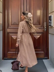 Serisse Women's Casual French Elegant European Commute Blue And White Stripe Long Dress Tea Party Office Business Brunch Fall Outfit - Brown - View 2