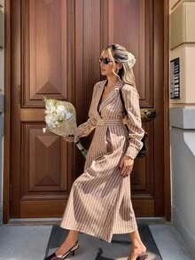 Serisse Women's Casual French Elegant European Commute Blue And White Stripe Long Dress Tea Party Office Business Brunch Fall Outfit - Brown - View 7