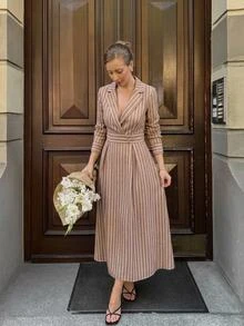 Serisse Women's Casual French Elegant European Commute Blue And White Stripe Long Dress Tea Party Office Business Brunch Fall Outfit - Brown - View 8