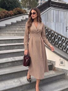 Serisse Women's Casual French Elegant European Commute Blue And White Stripe Long Dress Tea Party Office Business Brunch Fall Outfit - Brown - View 3