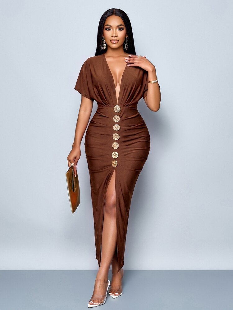 SOLERSUN Tall Women's All Seasons Elegant High-Stretch Brown V-Neck Metal Buckle Detail Dress - Brown - View 6