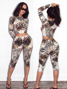 BamGleam Set Kasual Atasan Crop Lengan Panjang Slim Fit Motif Hewan dan Celana Capri Pinggang Rendah - MultiWarna - View 8