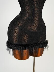 Mistrie Women's Fur Collar Lace Sexy Goth Fitted Sleeveless Dress Halloween Night Black Summer - Black - View 6