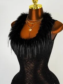 Mistrie Women's Fur Collar Lace Sexy Goth Fitted Sleeveless Dress Halloween Night Black Summer - Black - View 7