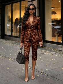 Brilight Women Leopard Print Slim Fit Two Pieces Outfit Tailored Blazer Capri Pants Suit Club Dinner Night Out Party Halloween Evening Brown Zebra Print Fall - Multicolor - View 3