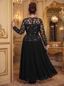 Roveilla Plus Size 2027 New V-Neck Long Sleeve Sequin Embroidered Fabric Party Dinner Formal Dress For Wedding, And Black Autumn Elegant Formal Formal Wedding - Black - View 2
