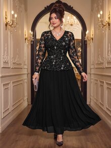 Roveilla Plus Size 2027 New V-Neck Long Sleeve Sequin Embroidered Fabric Party Dinner Formal Dress For Wedding, And Black Autumn Elegant Formal Formal Wedding - Black - View 3