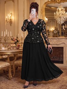 Roveilla Plus Size 2027 New V-Neck Long Sleeve Sequin Embroidered Fabric Party Dinner Formal Dress For Wedding, And Black Autumn Elegant Formal Formal Wedding - Black - View 4