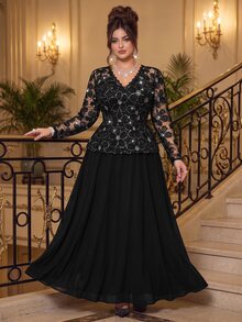 Roveilla Plus Size 2027 New V-Neck Long Sleeve Sequin Embroidered Fabric Party Dinner Formal Dress For Wedding, And Black Autumn Elegant Formal Formal Wedding - Black - View 6