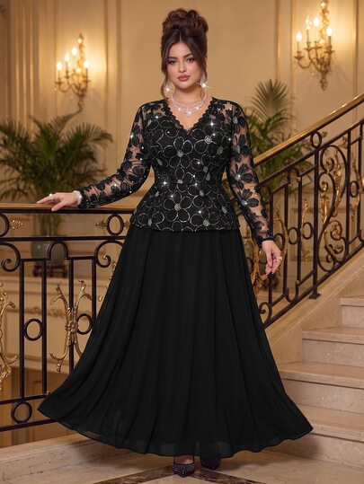 Roveilla Vestido de fiesta de noche formal para cena y boda, talla grande, nuevo 2027, cuello en V, manga larga, tela bordada con lentejuelas, negro, elegante y romántico para otoño