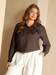 Roveilla Plus Size Women's Elegant Casual Solid Color 3D Floral Decor Shirt Collar Long Sleeve Spring Autumn Blouse Office Party Formal Dark Purple Fall - Brown - View 5