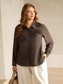 Roveilla Plus Size Women's Elegant Casual Solid Color 3D Floral Decor Shirt Collar Long Sleeve Spring Autumn Blouse Office Party Formal Dark Purple Fall - Brown - View 3